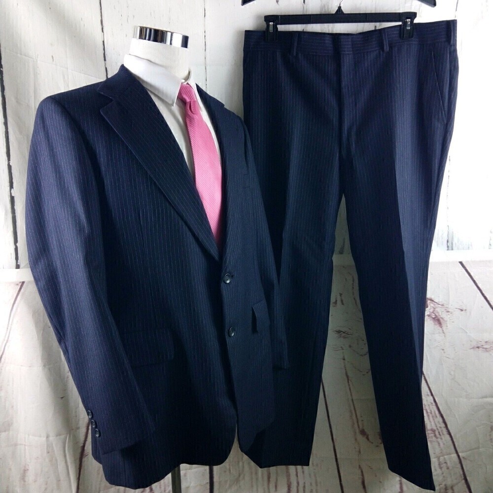 The Avenue Omaha 44L Wool 2 Button Deep Blue Striped 2pc Suit 38x31 Flat Front